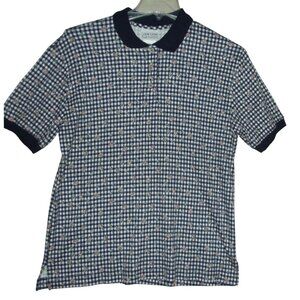 Jantzen Polo Shirt Womens Size Medium Navy Blue White Pink Floral Gingham Knit